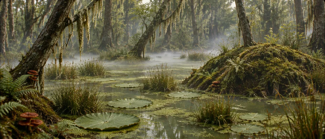 Rawa Mumble Bog yang terang: daun teratai besar, rumpun sedge, pohon alder condong berjuntai lumut, dan gundukan berlumut di kanan.