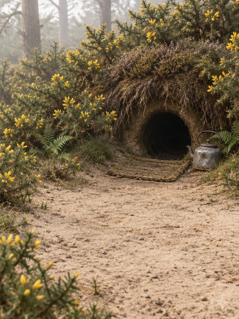 Lubang sarang badger di tebing pasir Furzeheath, di bawah semak gorse berbunga kuning, dengan keset rumput dan ketel penyok.