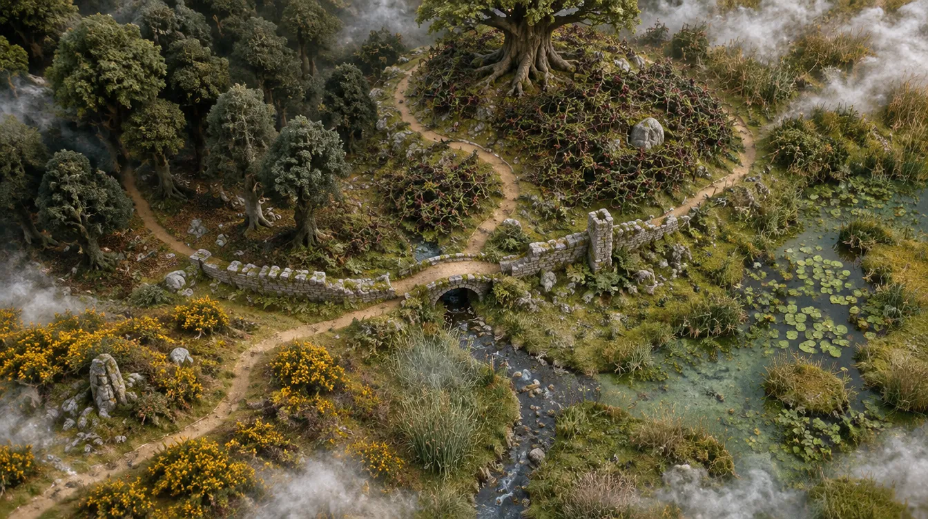 Set miniatur The Bramble Country dilihat dari atas: heath bergorse di kiri bawah, aliran sungai dan buluh di tengah bawah, tembok tua dengan jembatan di tengah, rawa teratai di kanan, hutan beech di kiri atas, dan bukit berduri dengan satu pohon tua di puncak.