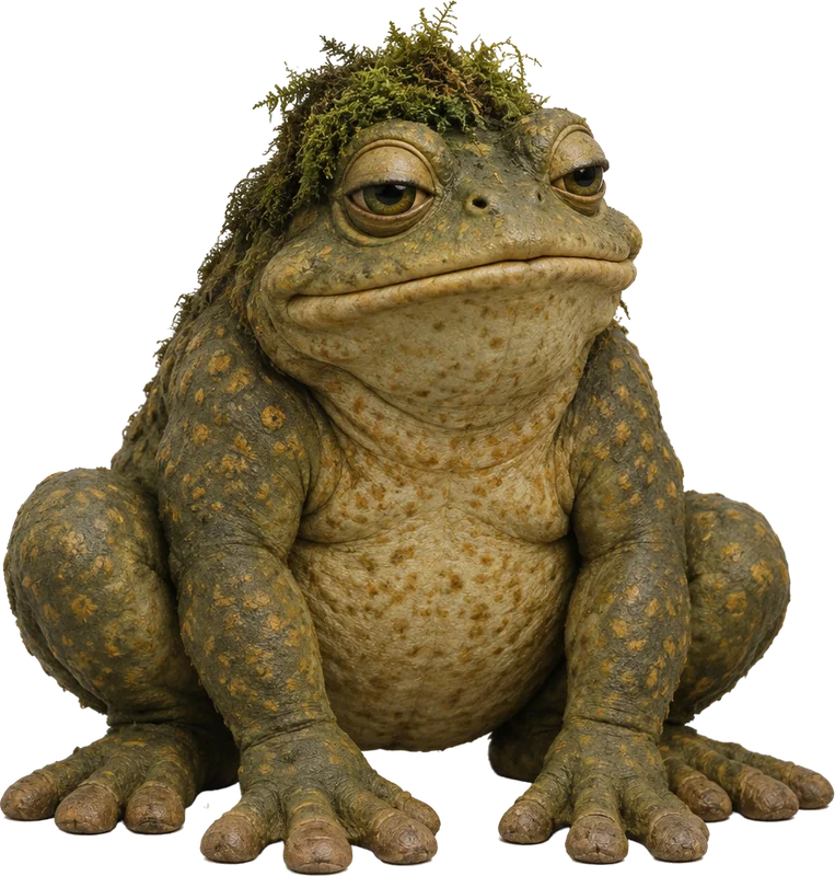 Mumchance, katak raksasa, duduk di puncak gundukan dengan mata setengah terpejam.