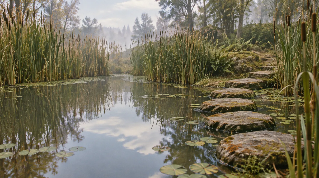 Kolam dangkal The Reedbeds: buluh tinggi di dua sisi dan batu pijakan berlumut menyeberang ke kanan.